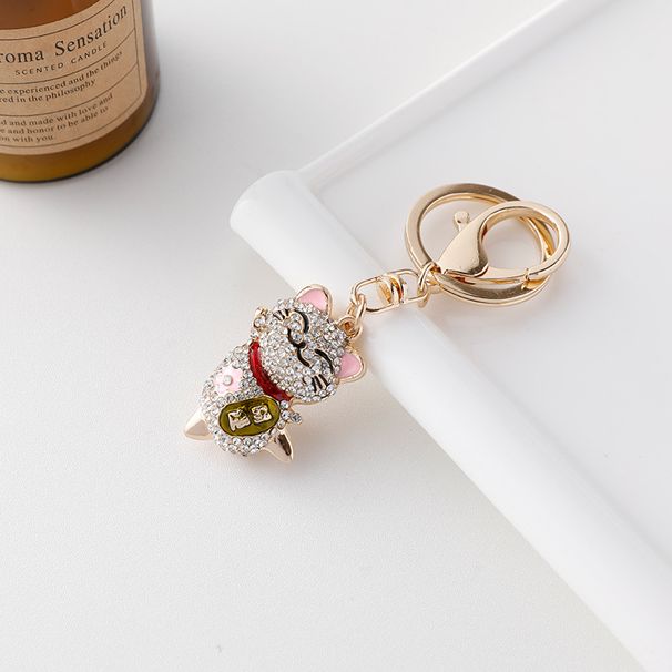 Porte-clés en métal avec pendentif en forme de chat porte-bonheur incrusté de diamants, style chinois, pour sac à main, voiture, dessin animé_voghion.com
