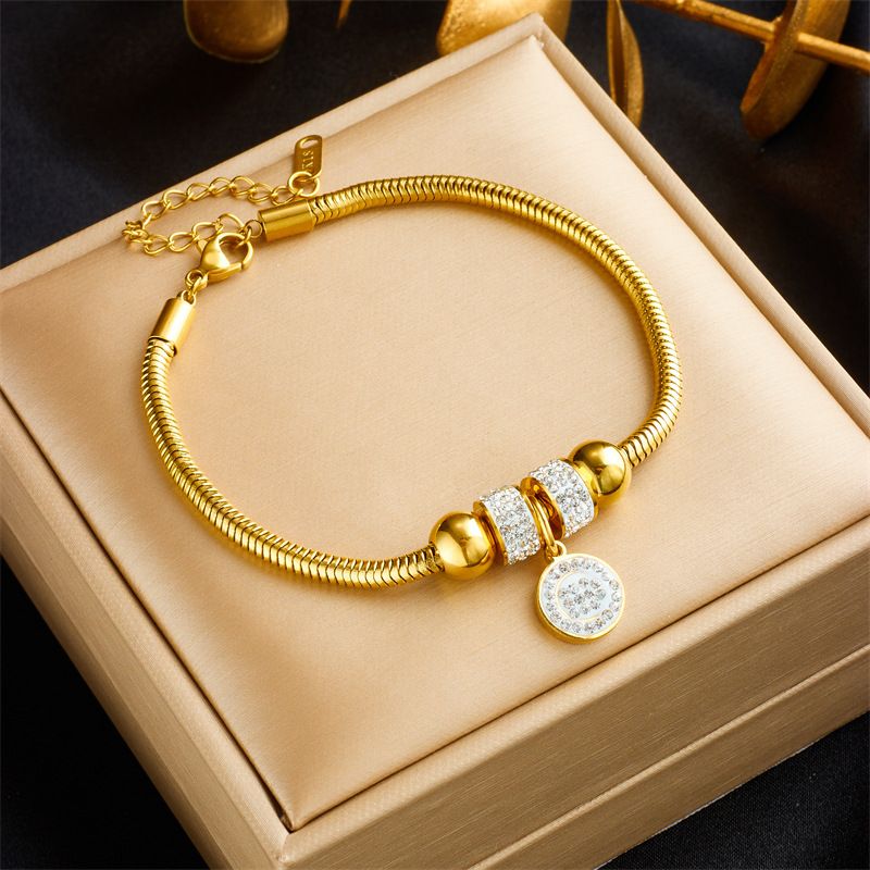Fashion Niche Personality Metal Titanium Steel Inlaid Diamond Beaded Round Pendant Accessory Bracelet_voghion.com