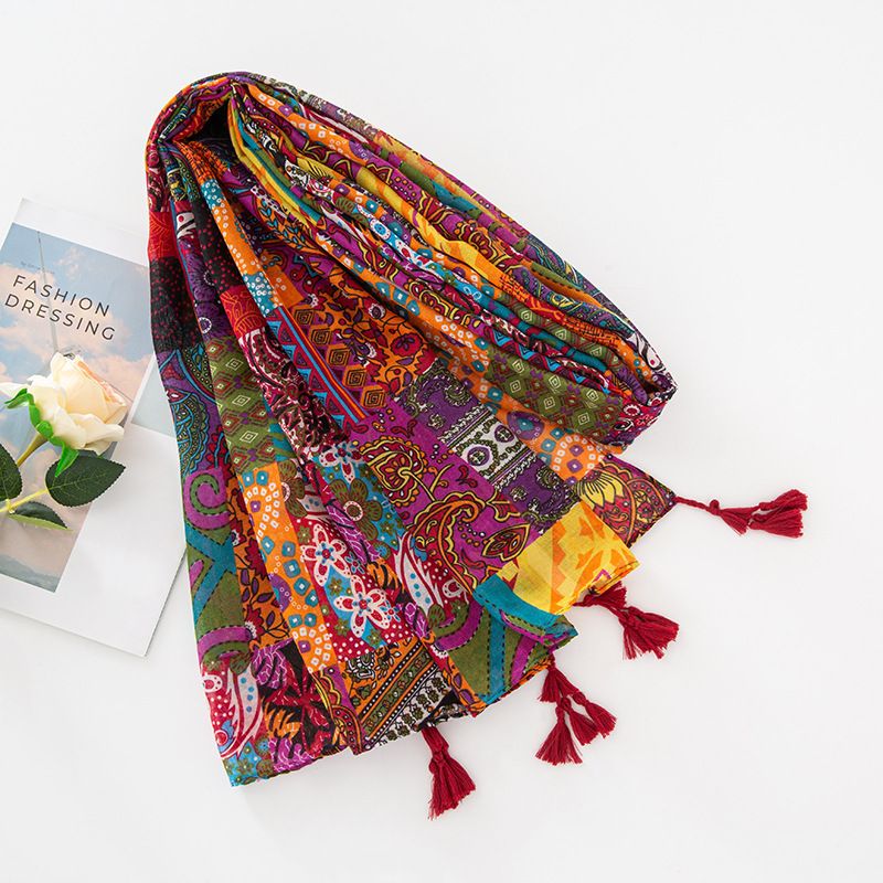 Unisex Bohemian Balinese cotton hemp feel scarf women's ethnic style printed tassel gauze shawl_voghion.com