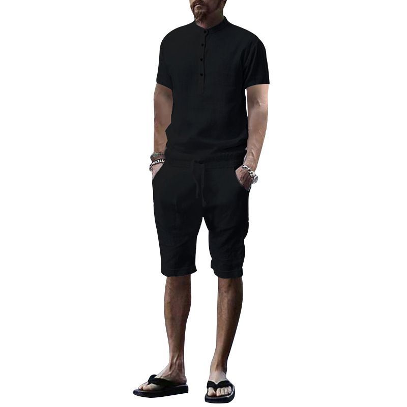 T-shirt estiva 2022, pantaloncini corti larghi, camicia da uomo in cotone e lino a maniche corte in tinta unita_voghion.com