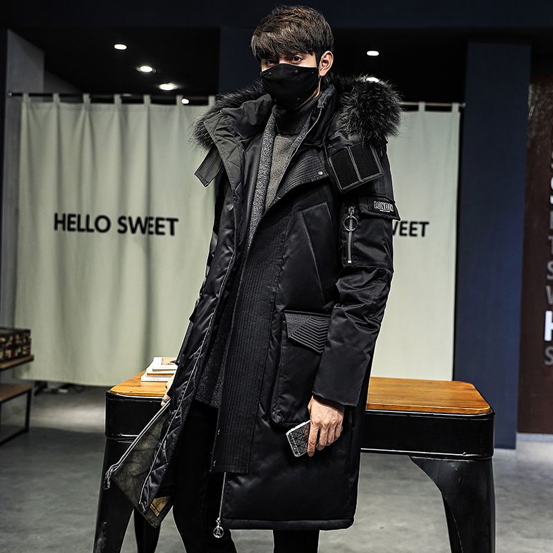 Herrenbekleidung 2024 Neue Winter-Daunenjacke für Herren, lang, verdickt, warm, großer Pelzkragen, trendiger, lockerer weißer Entendaunenmantel mit Kapuze_voghion.com