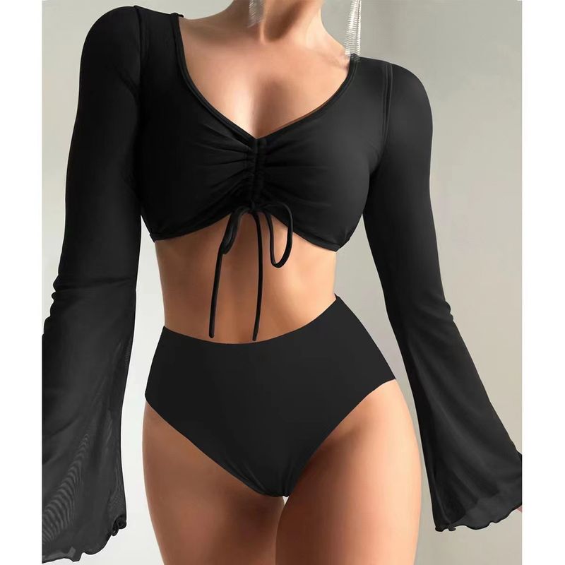 new split solid color high waist conservative stitching patchwork swimsuit swimsuit _voghion.com