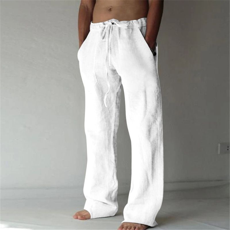 Men's Clothing Trousers Casual Cotton Linen Solid Color Thin Section Loose Linen Elastic Waist Tie Rope Men's Trousers_voghion.com