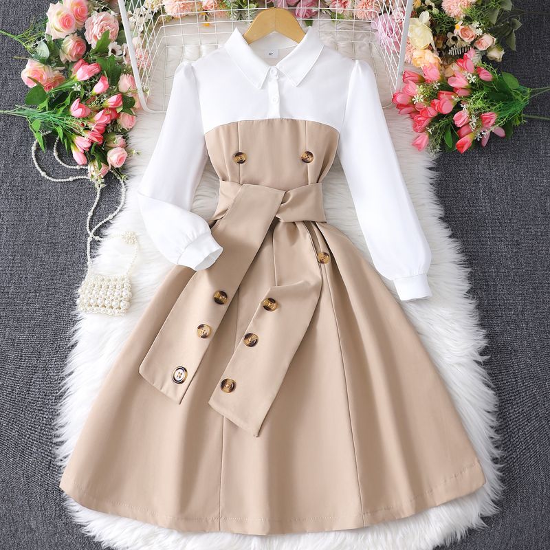 Young Girls Clothing Long Sleeved Lapel Button Stitched Contrasting Dress_voghion.com