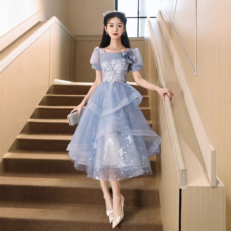 Elegantes blaues A-Linien-Cocktailkleid – Französisch inspiriertes Minikleid mit Puffärmeln für Partys und Abschlussfeiern (XS-XXXL)​_voghion.com