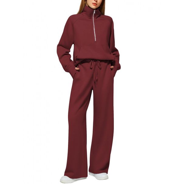 „Damen-Set aus Oversize-Sweatshirt mit halbem Reißverschluss und Jogginghose mit weitem Bein – dicke Winter-Loungewear, lässiges zweiteiliges Outfit“_voghion.com