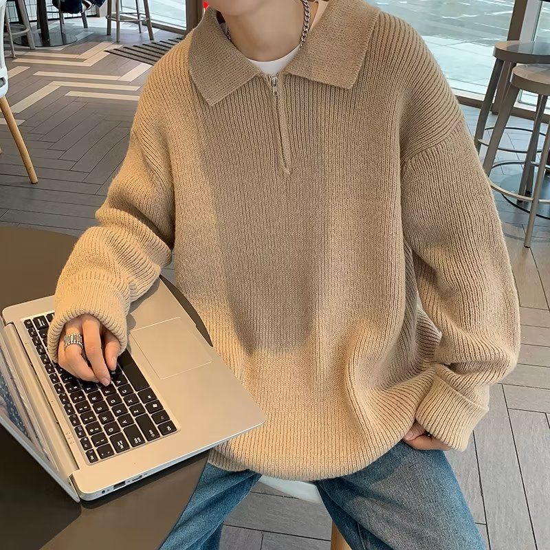 Half zip polo sweater for men, spring new collection, lazy, retro, high-end, trendy, loose fitting, inner knit sweater_voghion.com