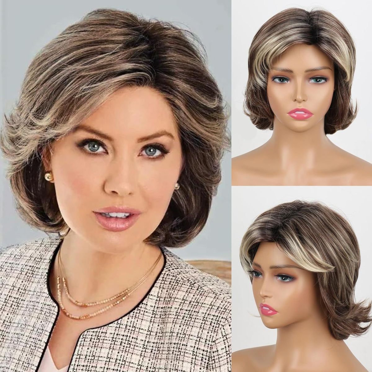 Synthetische Clip-in-Perücke für Damen, modisch, braun, mit Seitenscheitel, kurz, gelockt, synthetisches Kopfteil, leicht gewellt_voghion.com