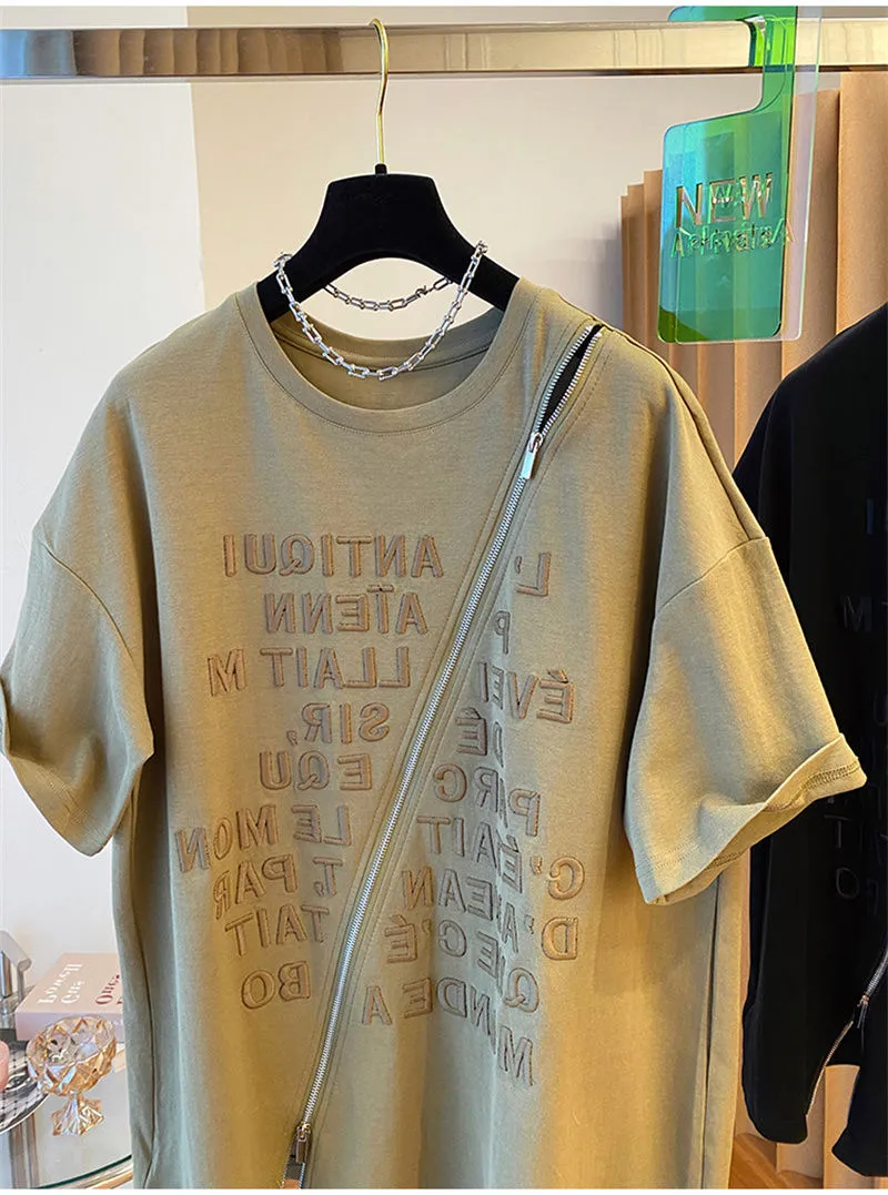 Women's Clothing new loose embroidery pure cotton heavy short-sleeved T-shirt female zipper split top_voghion.com