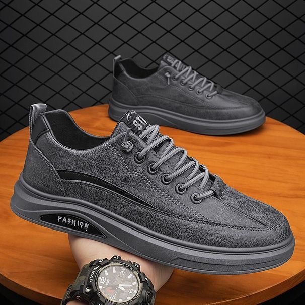 Spring and Summer New Breathable, Waterproof, Anti slip Chef Men's Fashion Versatile Black Leather Casual Board Shoes_voghion.com