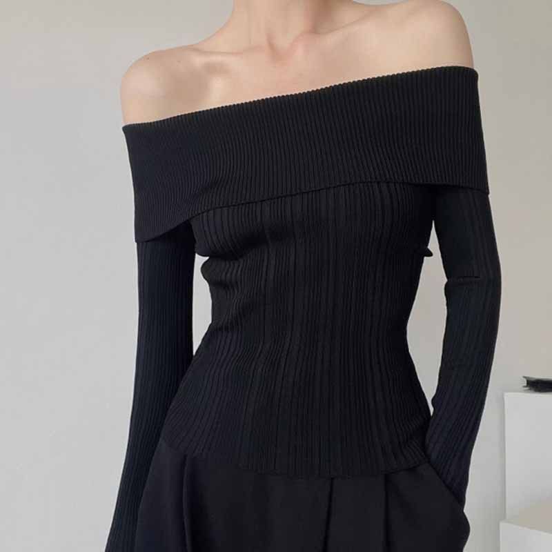 Damenbekleidung One-Shoulder-Top für Damen, Herbststil, Temperament, eng anliegend, schulterfrei, sexy, langärmelig, gestricktes Unterhemd_voghion.com
