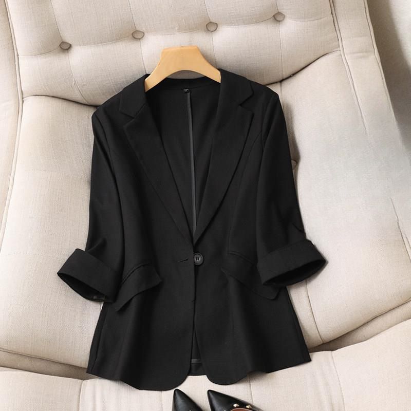 Giacca da abito da donna in lino e tencel, sottile, color albicocca, con maniche a tre quarti, slim fit_voghion.com