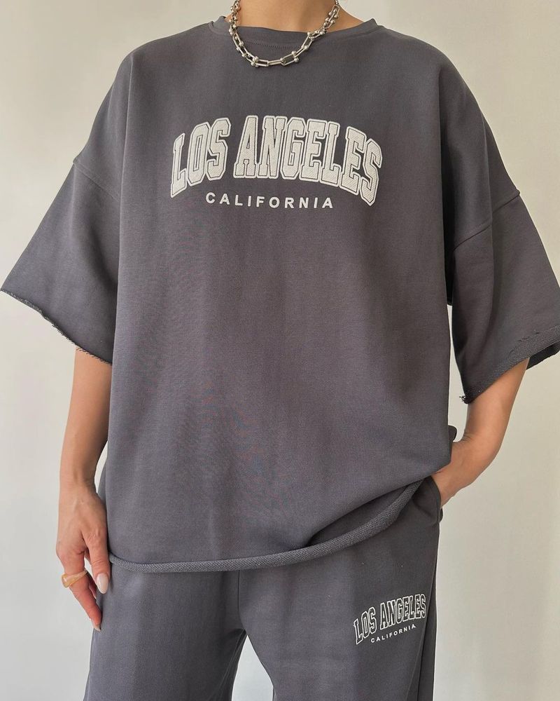 Frühlingsneuer Damen-Zweiteiler mit lässigem, bedrucktem Kurzarm-Sweatshirt und Hose_voghion.com