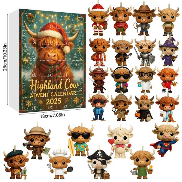 Neu eingetroffen: Weihnachtskalender 2025 im Highland-Cow-Stil (Überraschungsbox) – Weihnachtsbaum-Acryl-Anhänger_voghion.com