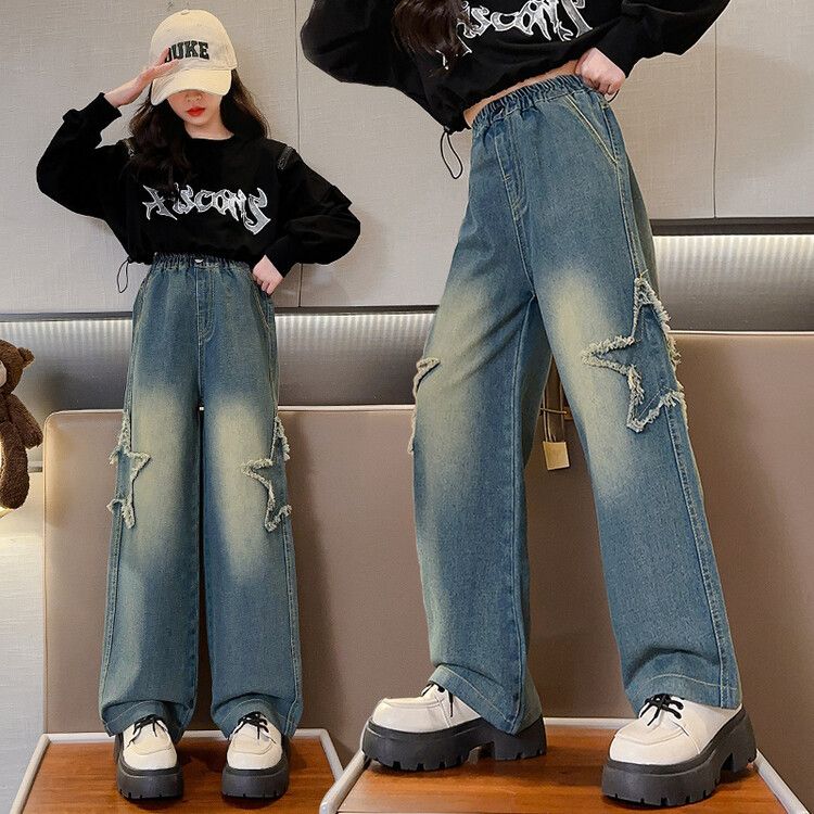 Meisjes denim wijde pijpen en herfst w, 2024 nieuwe outfit, medium tot grote lange broek, lente kinderbroeken voor casual_voghion.com