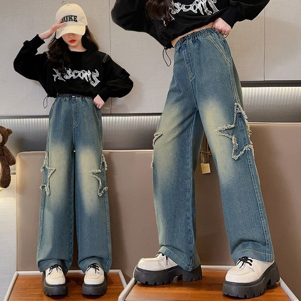 Meisjes denim wijde pijpen en herfst w, 2024 nieuwe outfit, medium tot grote lange broek, lente kinderbroeken voor casual_voghion.com
