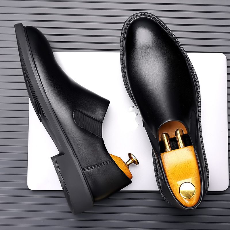 Autumn New 2025 Men's Round Toe Business Leather Short Boots Wedge Comfortable Soft Sole Height Increasing Driving Shoes_voghion.com