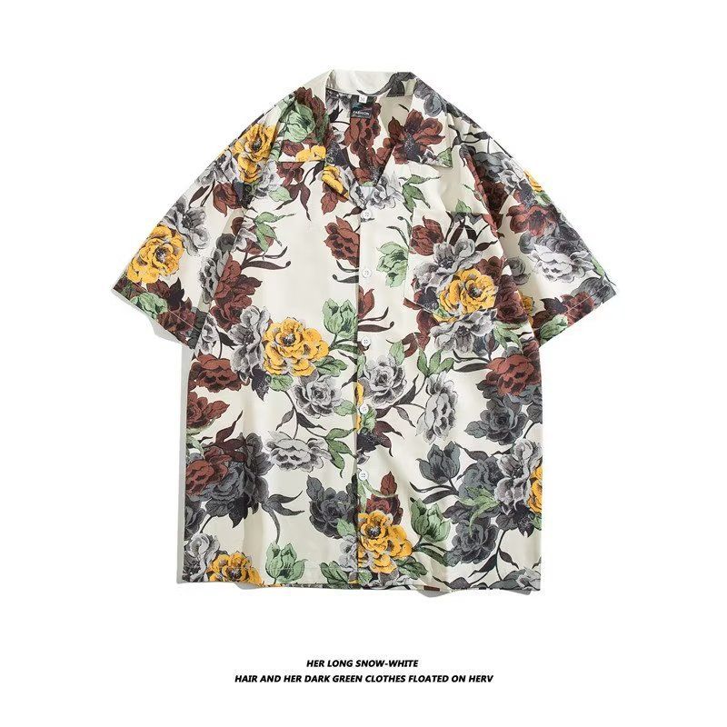 Men's clothing Independent station  retro floral full print short-sleeved shirt men's  street oversize casual floral shirt_voghion.com