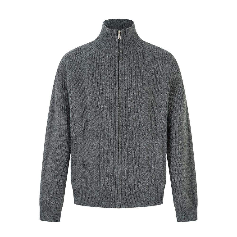 Men’s Oversized Zip-Up Knit Sweater – Stand Collar, Cable Knit Texture, Relaxed Fit For Urban Street Style (Charcoal Grey, Oatmeal)_voghion.com