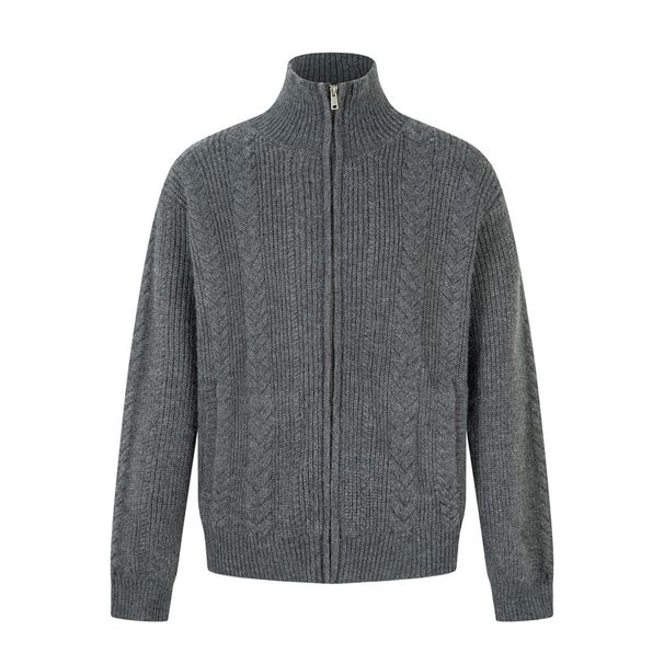 Men’s Oversized Zip-Up Knit Sweater – Stand Collar, Cable Knit Texture, Relaxed Fit For Urban Street Style (Charcoal Grey, Oatmeal)_voghion.com