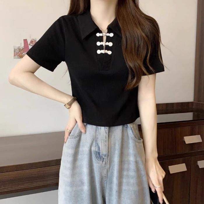 Nuova maglietta a maniche corte in stile cinese con fibbia per donna nell'estate 2024, che copre la pancia e mette in mostra la magrezza, corta_voghion.com