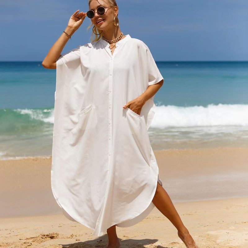 Robe cache-maillot légère en rayonne à manches longues pour femme – Tunique de plage, cache-maillot, cache-maillot, tenue de villégiature (blanc/noir, taille unique)_voghion.com