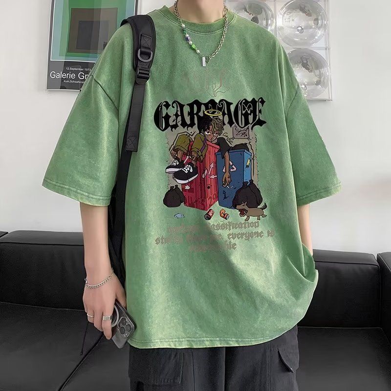High Street Hiphop Washed Used T-Shirt Herren Sommer Amerikanische Westküste Reine Baumwolle Kurzarm_voghion.com