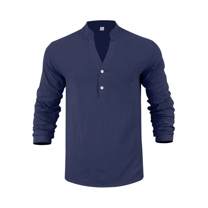 Men's Linen Shirt - Breathable Long Sleeve Henley T-Shirt, Relaxed Fit, Casual Button-Up With Stand Collar (White, Navy, Black,_voghion.com