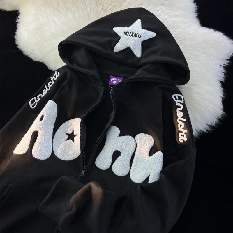 Y2K Vintage Embroidered Hoodies Women Haruku Hooded Zipper Sweatshirts Hip Hop Patchwork Long Sleeve Jacket Coats_voghion.com
