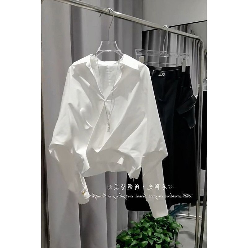 Dameskleding Lente Nieuwe Casual Mode Leeftijdsverminderende Tops Losse Eenvoudige Onregelmatig Ontwerp Wit Shirt met Lange Mouwen_voghion.com