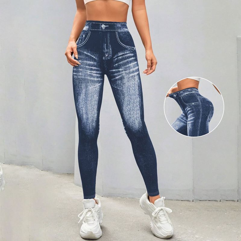 Europäische und amerikanische Yogahosen mit Denim-Print, enge Hüftlifting- und Abnehm-Bauch-Hosen, lässige, elastische Fitnesshosen für Damen in großer Körperformung_voghion.com