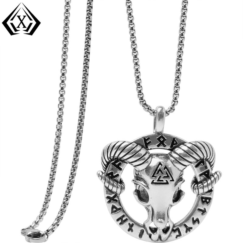 Xiweier European And American Style Fashion Personality Sheep Head Viking Rune Totem Domineering Men's Pendant Copper Necklace_voghion.com
