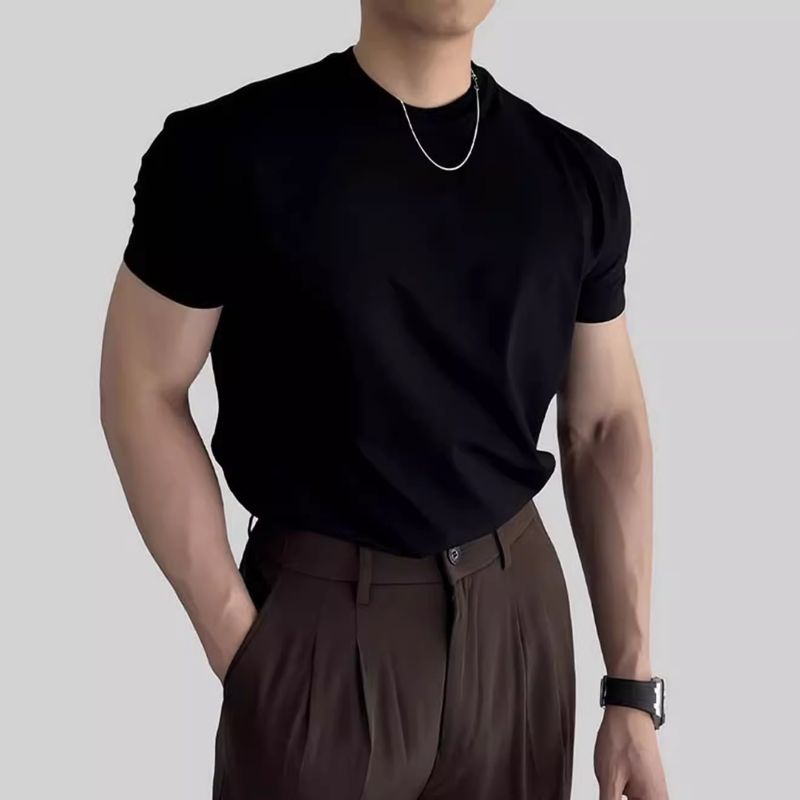 Men's Clothing Summer T Shirt With Small Neckline Slim Fit Short Sleeves Muscle Suit_voghion.com