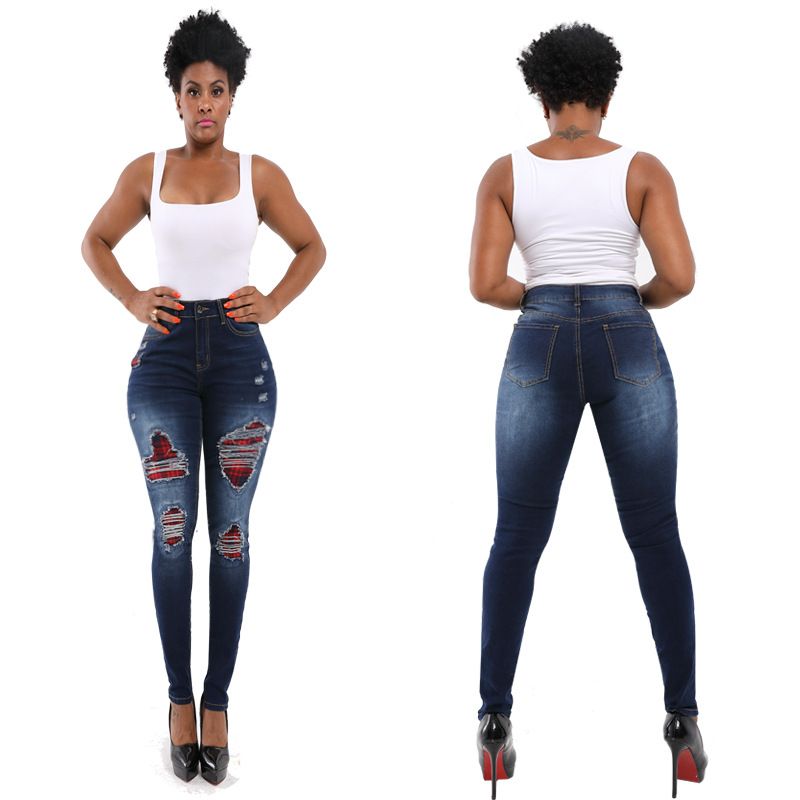 Damenhosen Trendy Street Perforierte Jeans Große enge Jeans mit Hüftlift_voghion.com