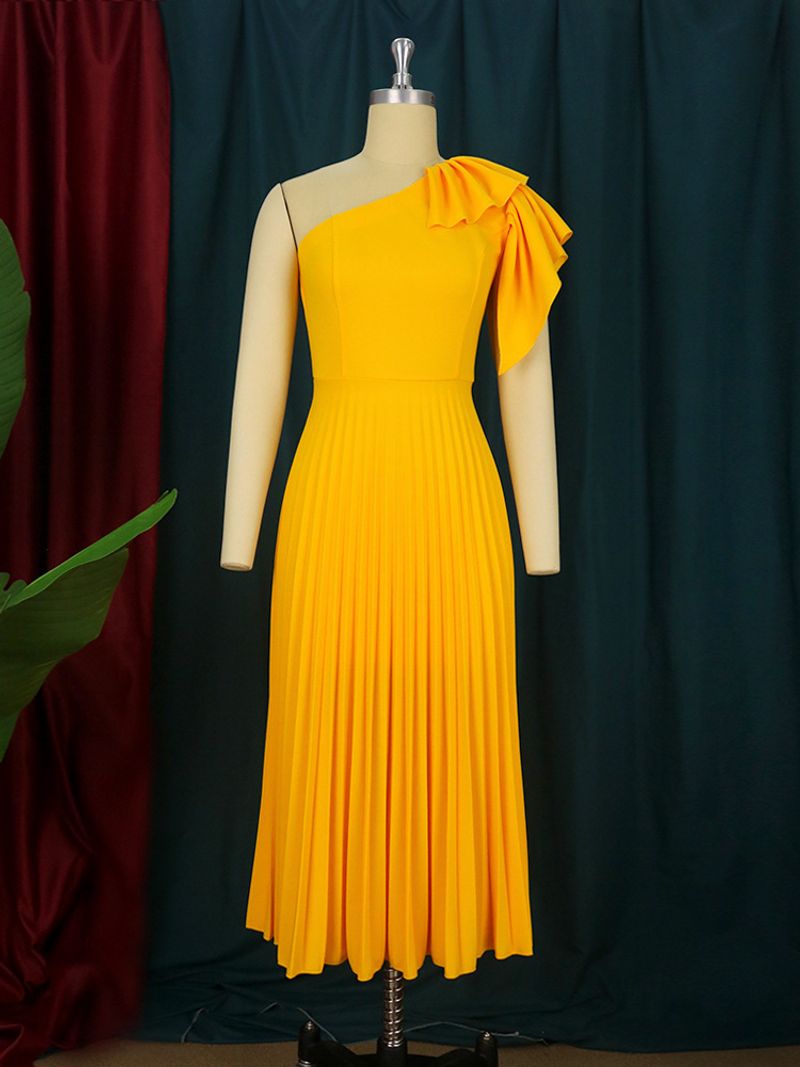 Women's Clothing One-shoulder collar bubble short-sleeved dress Large size yellow pleated skirt banquet evening dress _voghion.com
