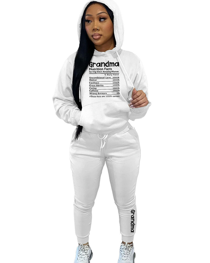 Moletom casual com capuz e calça de moletom terno de duas peças estampado com letra da vovó para mulheres_voghion.com
