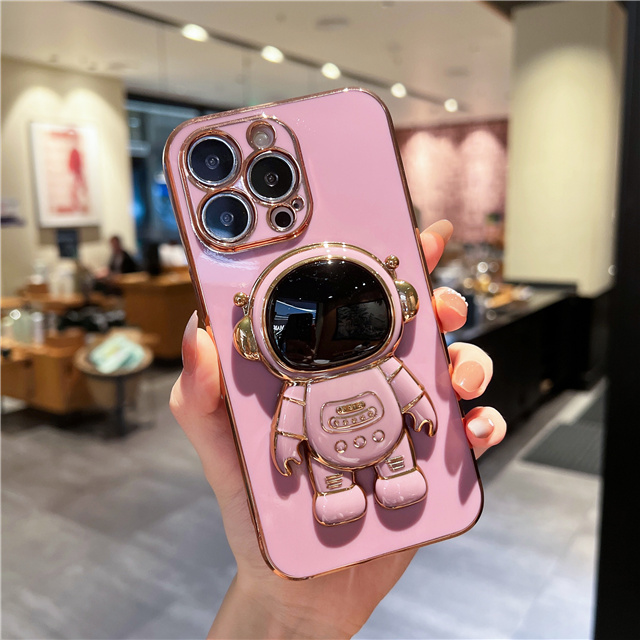 Folding Cartoon Astronaut Stand Phone Case For iPhone 11 12 13 14 Pro Mini XR XS Max Soft Plating Frame Cover on SE2 6 7 8 Plus_voghion.com
