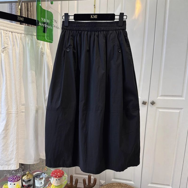 2512-Elastic Waist Button White Midi A-Line Skirt_voghion.com