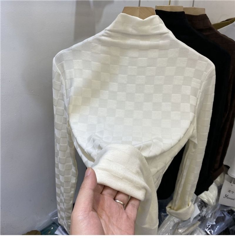 Women's Clothing half turtleneck bottoming shirt plaid long sleeved T shirt fashionable and stylish inner top _voghion.com