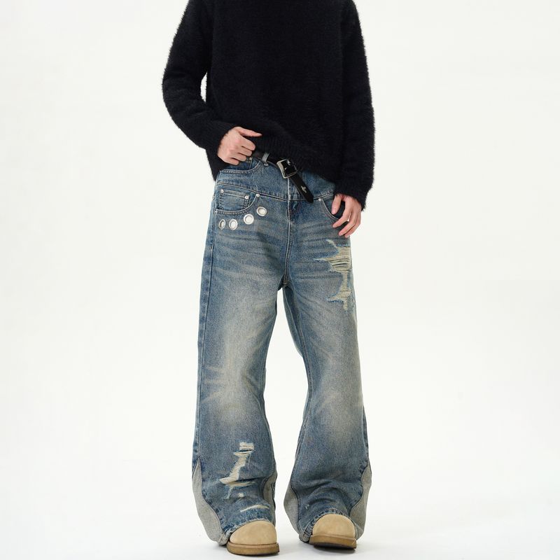 Jean bootcut patchwork délavé style américain pour homme - Coupe droite - Style décontracté_voghion.com