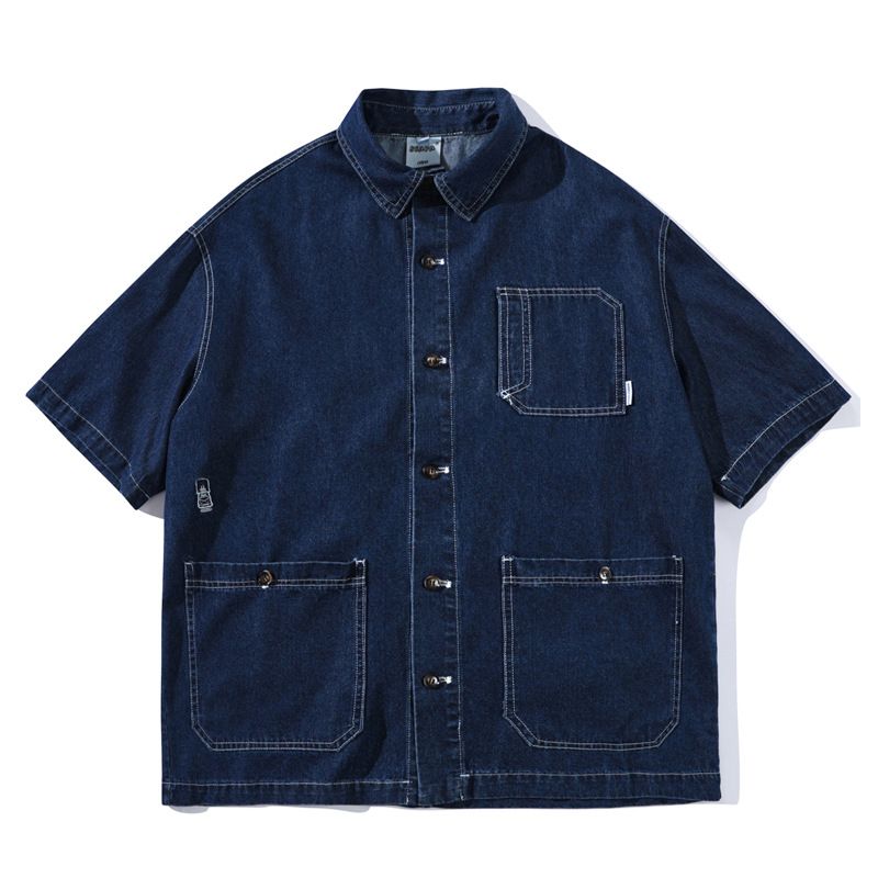 Men's Clothing Washed Pocket Workwear Short Sleeved Denim Shirt Men's And Women's Loose Half Sleeved Shirt Trend_voghion.com