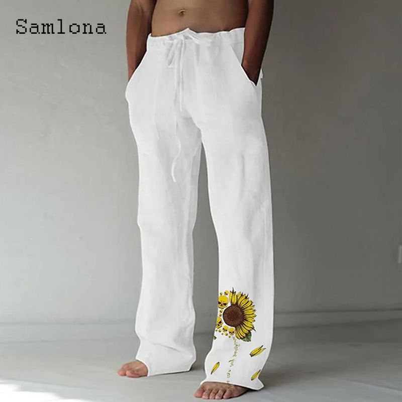 Samlona 2022 Men's Pocket Design Linen Pants Drawstring Loose Trouser Plus Size 3xl Mens Fashion Birds Feather Print_voghion.com