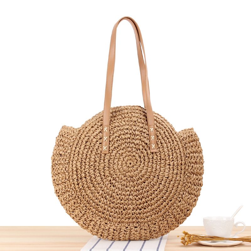 new style simple round shoulder straw bag woven bag beach bag fashionable women's straw bag_voghion.com