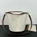 Grey Designer Handbags: Striped Canvas Bucket Shoulder Handbag With Leather Accents & Adjustable Long Strap_voghion.com