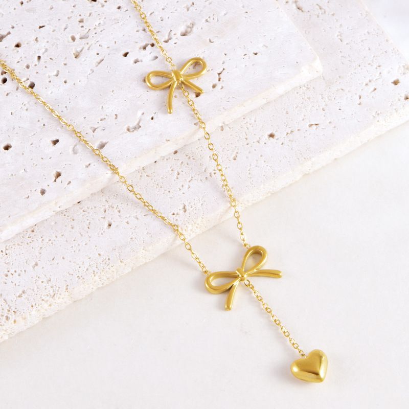 Gioielli all'ingrosso Dolce IG Stile Cuore Forma Fiocco Nodo 304 Acciaio Inossidabile Set di Gioielli in Acciaio Inossidabile_voghion.com