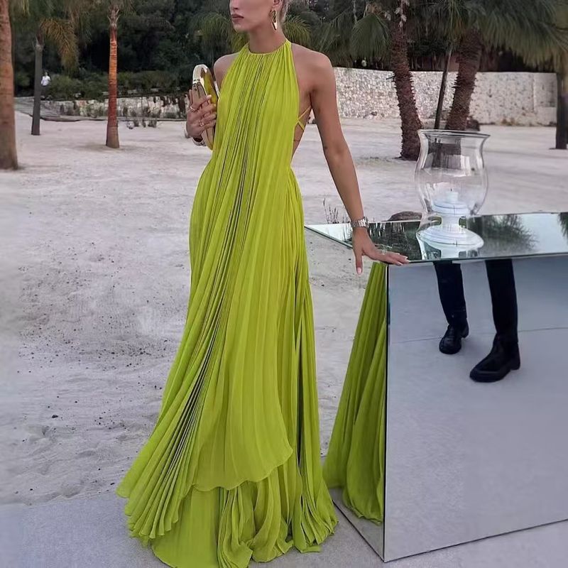 Vêtements pour femmes, couleur unie, col rond, sans manches, sexy, dos nu, plage, longue jupe_voghion.com