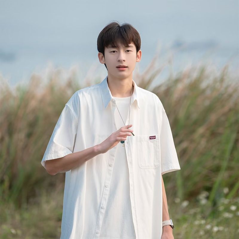 Short Sleeved Shirt Men's Summer Solid Color Versatile Five Quarter Sleeved Shirt Student Casual_voghion.com