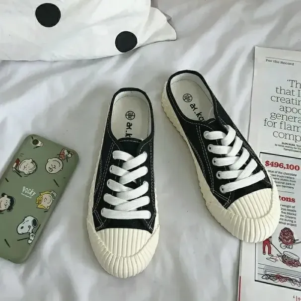 Canvas Ronn Zéi Flaach Ënner Hallefpantoffelen mat engem College-Stil Casual, bequem, atmungsaktiv, villfälteg Moudenbrett_voghion.com