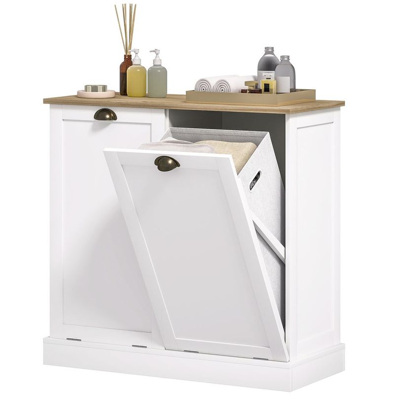 HOMCOM Dual Tilt Out Laundry Hamper Cabinet With 2 Removable Basket, Modern Bathroom Storage Cabinet With Shaker Doors And Handles, White_voghion.com