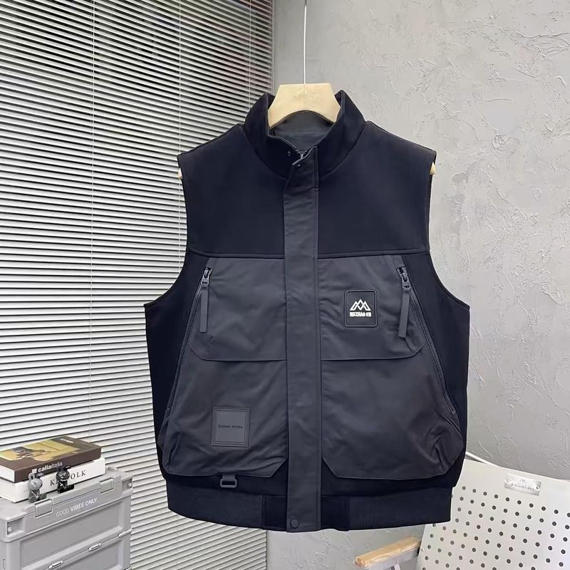 2025 Spring And Autumn New Korean Style Trendy Brand Youth Embroidery Sleeveless Clip Splicing Men's Workwear Stand Up_voghion.com